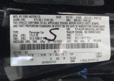 2016 Ford Focus Se из США, поврежденный, VIN 1FADP3K23GL307383